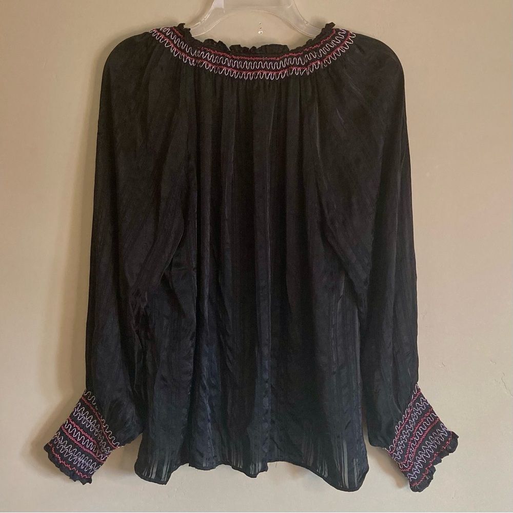 Johnny Was Folk Smock Silk Peasant Style Embroidered Blouse Black Size S - M - Picture 9 of 12